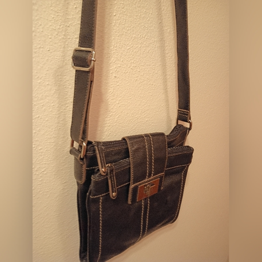 TIGNANELLO Black Crossbody Bag + end  White Stitching.
